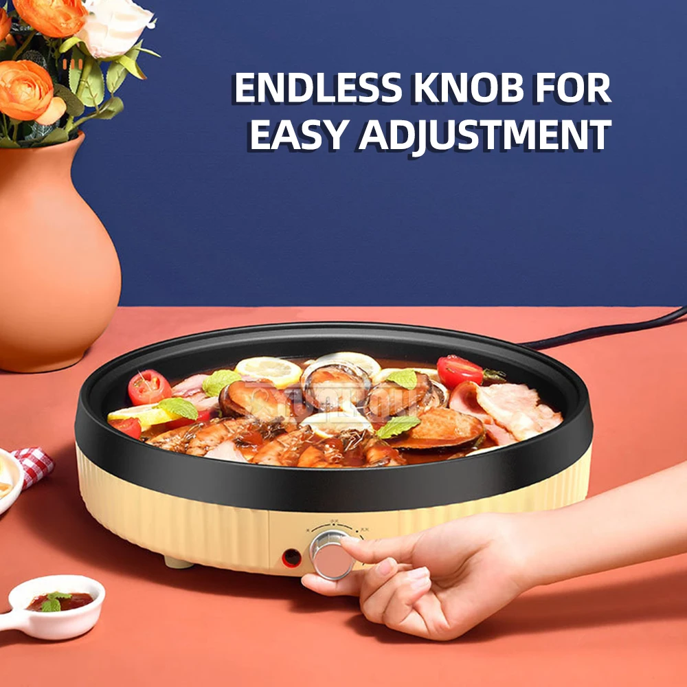 وعاء ساخن كهربائي منزلي 34 سم للشواء والبيتزا، ماكينة شواء غير لاصقة متعددة الوظائف