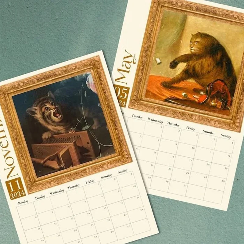 Weird Medieval Cats Calendar, Calendário de parede de 12 meses, Hangable for Office, Home Gift, Papel revestido A, 2024