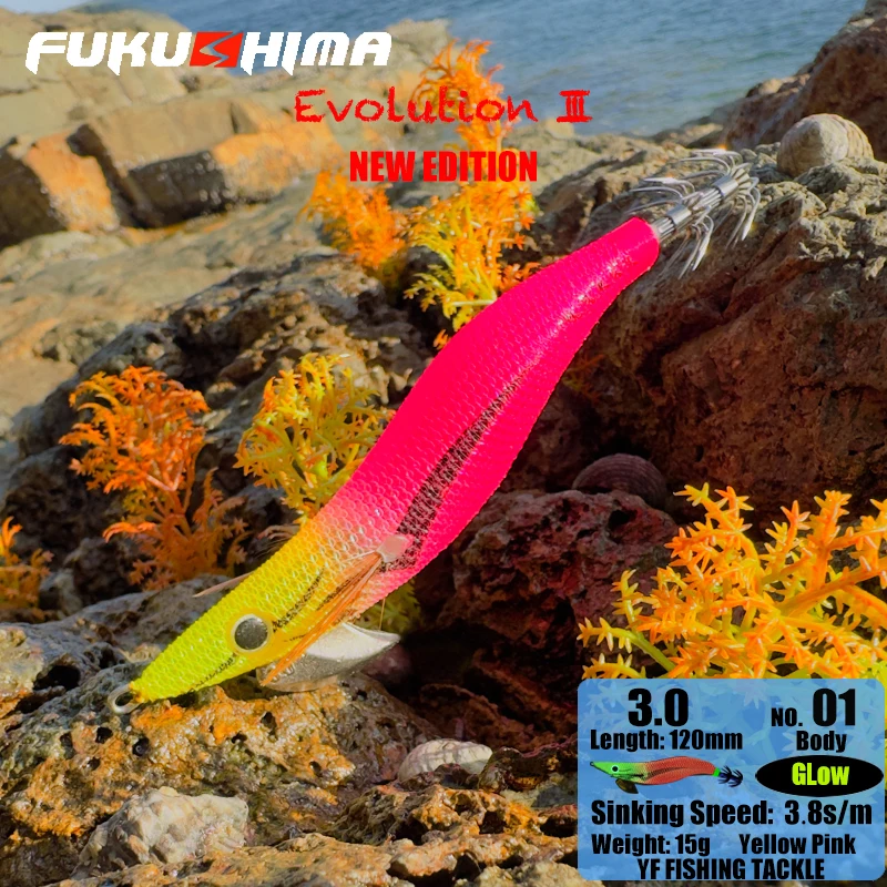 FUKUSHIMA III 30 SQUID HOOKS WOOD SHRIMP BAIT GLOW BODY UV REACTIVE COLOR SHARP HOOKS CUTTLEFISH LURE FISHING EGI