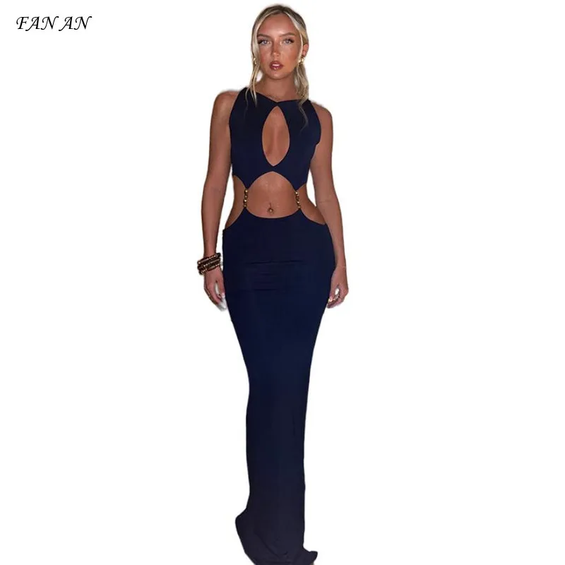 

New sexy waist baring temperament long dress for women's fashion slim fit hollowed out waist baring backless dress party dress