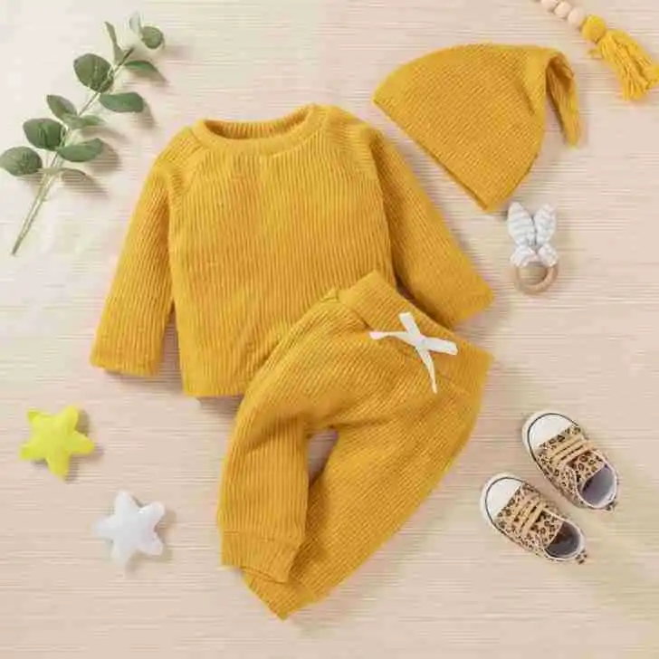 2025 Children's wear infants and toddlers knitting jacquard solid color three-piece children's wear