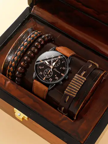 New Men Watch Luxury Bracelet Set Fashion Business Brown Leather Quartz Wrist Watches for Men Gift Set Relogio Masculino