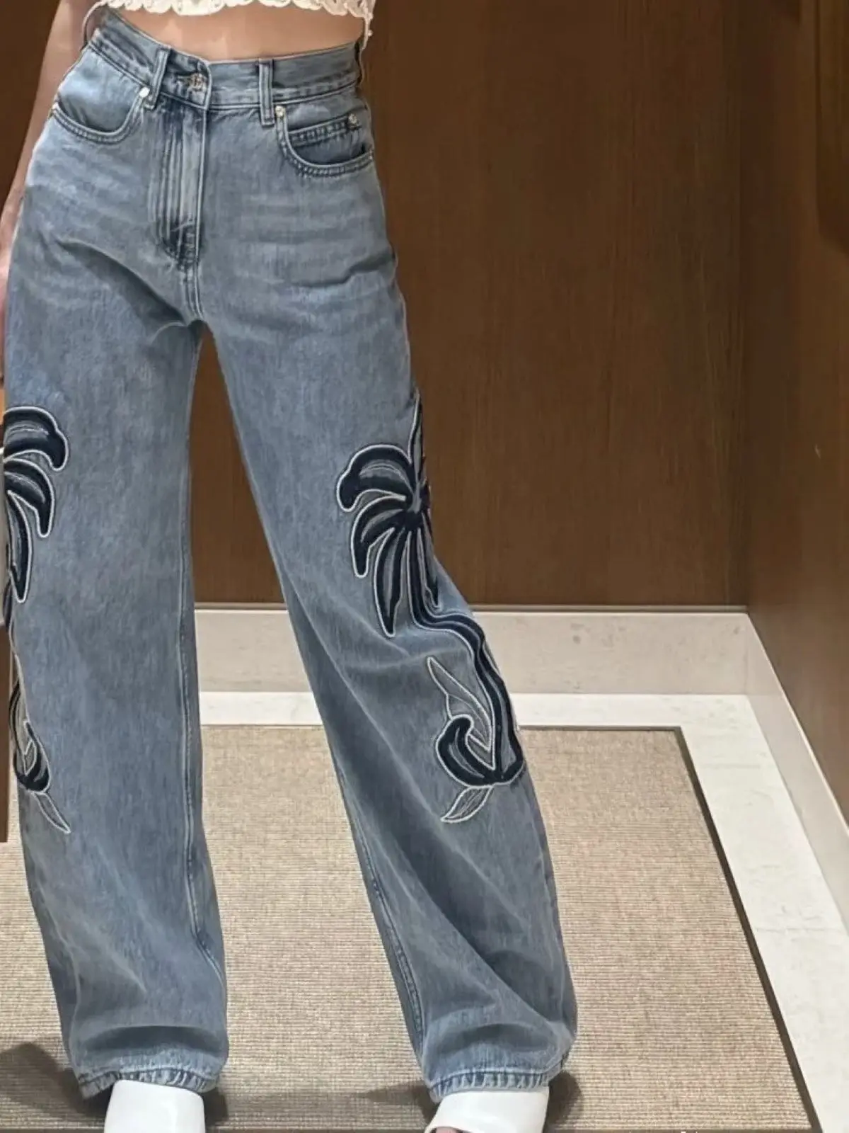

Spring/Summer Women High Waist Palm Tree Embroidery Solid Wide Leg Jeans Loose Pocket Casual Denim Pants