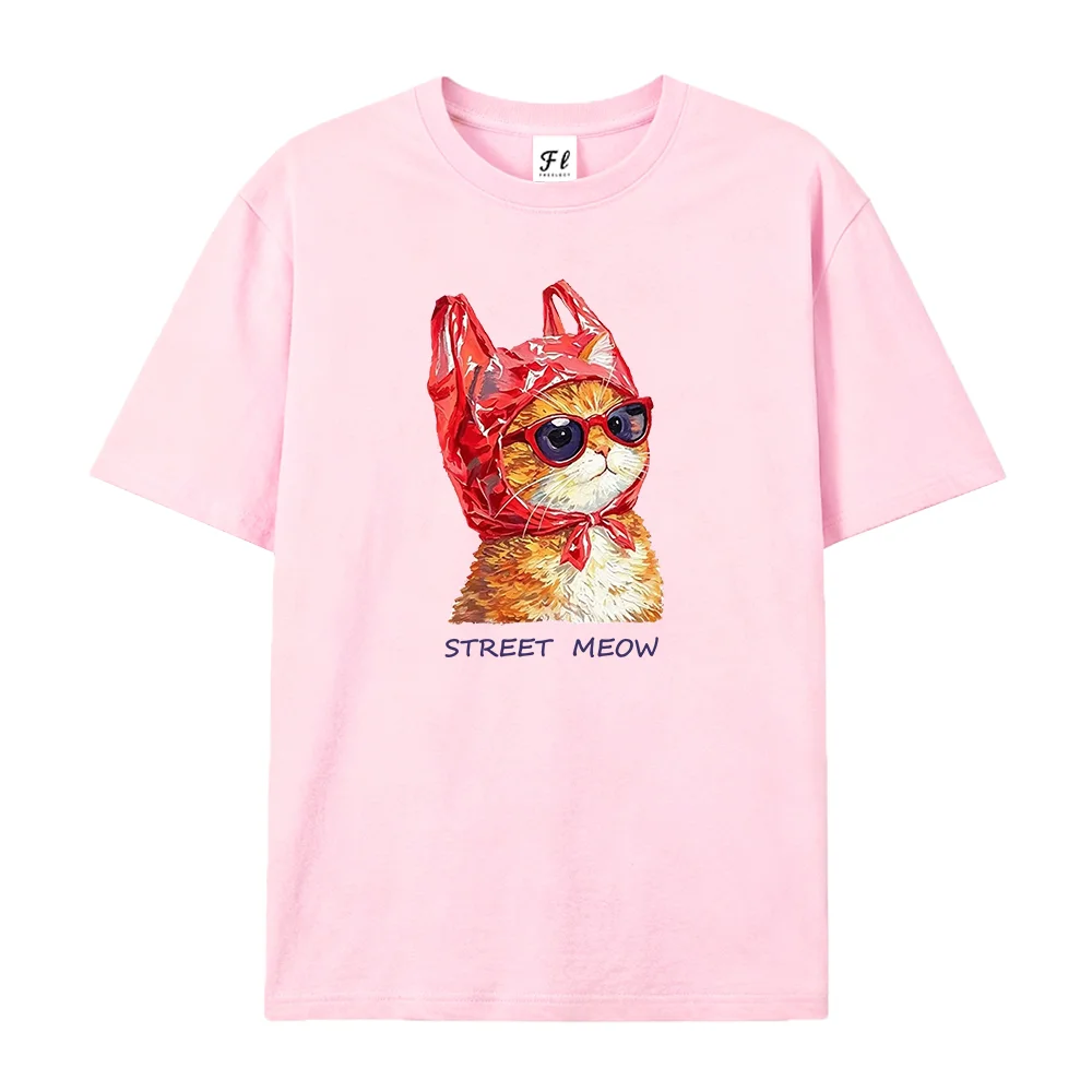 Women‘s Short Sleeve Street Meow Cute Orange Cat Graphic Tee Funny Sunglasses Cat With Red Bag Casual Oversized Trendy Pet Lover