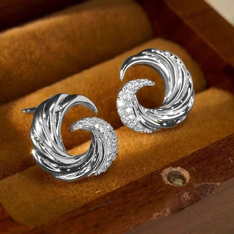 Huitan Wave Shaped Women Stud Earrings Silver Color/Gold Color Inlaid Shiny CZ Party Daily Trendy Elegant Jewelry Accessories