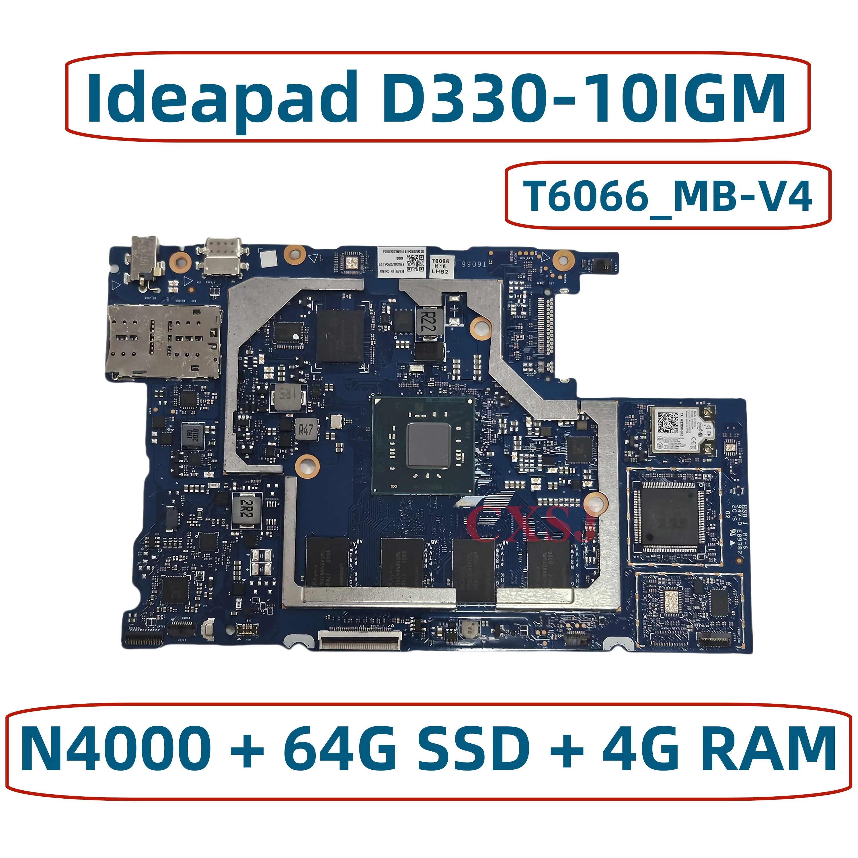 5B20R54701 T6066_MB-V4 For LENOVO Ideapad D330-10IGM Laptop Motherboard With N4000 CPU 64G SSD 4GB RAM Mainboard 100% Test OK