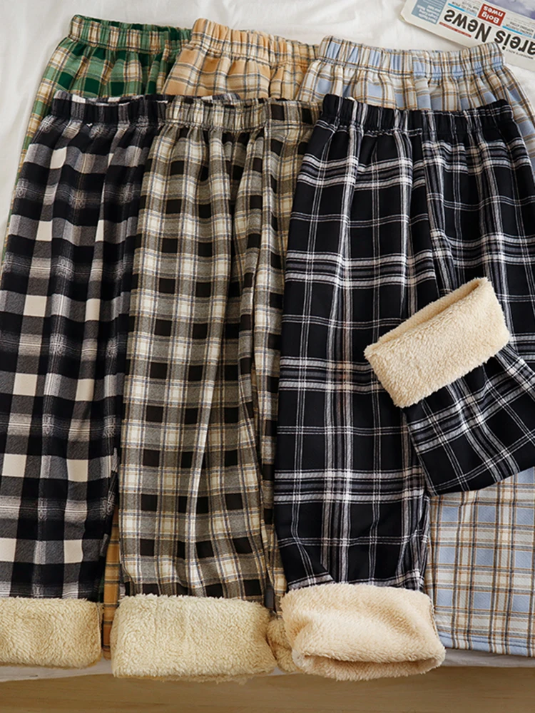 

Утепленные флисовые брюки в клетку с высокой талией, повседневные, женские, зимние, из искусственной овчины, широкие, длинные, прямого кроя