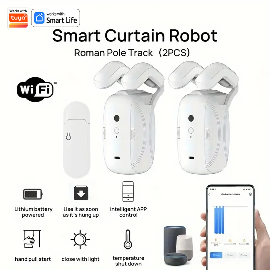 1/2pcs Smart WiFi Curtain Robot with Wi-Fi Gateway, APP Remote Control,  Automatic Opening Hand Pull Start，Compatible with Alexa