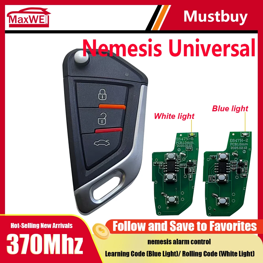 5Pcs Nemesis alarmUniversal Remote Control 370Mhz ASK Car Alarm Learning Code (Blue Light),Rolling Code (White Light)