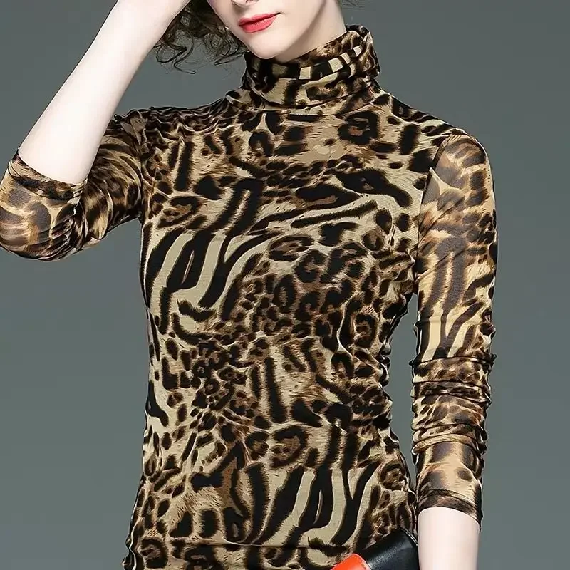 

Bottoming Shirt Women Foreign Style Leopard Print Long-sleeved T-shirt High-neck Thin Autumn New Top V83