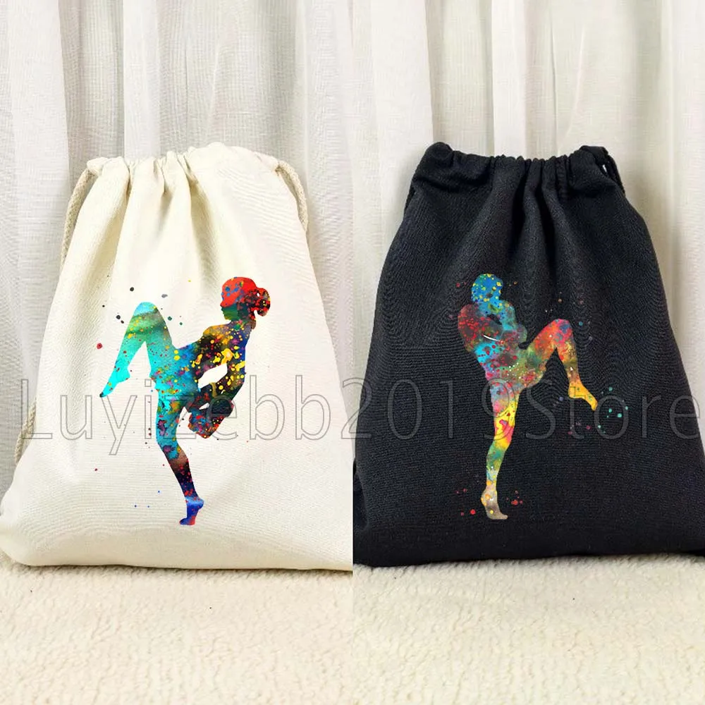 Watercolor Kickboxing Kickboxer Boxing Gloves Muay Thai Gifts Canvas Drawstring Bags Soccer Backpack Gym Sackpack String Bags