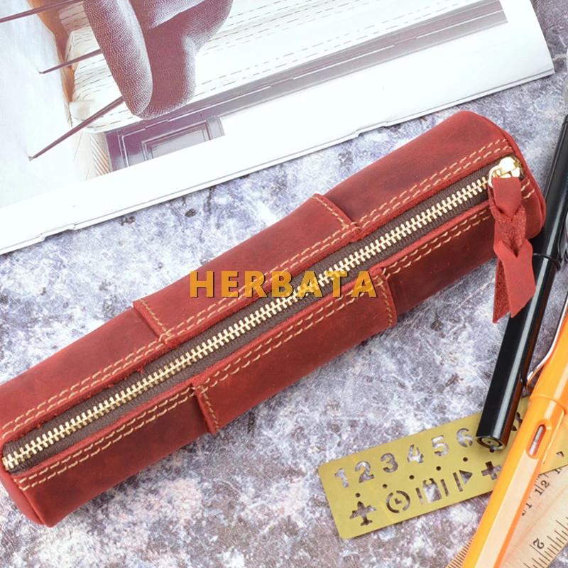 New Genuine Leather  Vintage Pencil Bag Crazy Horse Handmade Pencil Case School & Office Stationary Escolar Papelaria CL-19134