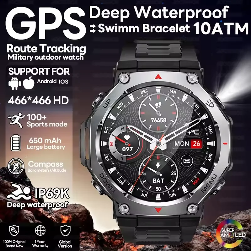New For LIGE T-Rex 3 GPS Smart Watch 5ATM Waterproof 525mAh Battery Bluetooth Call Flashlight Military Sports Smartwatch Men