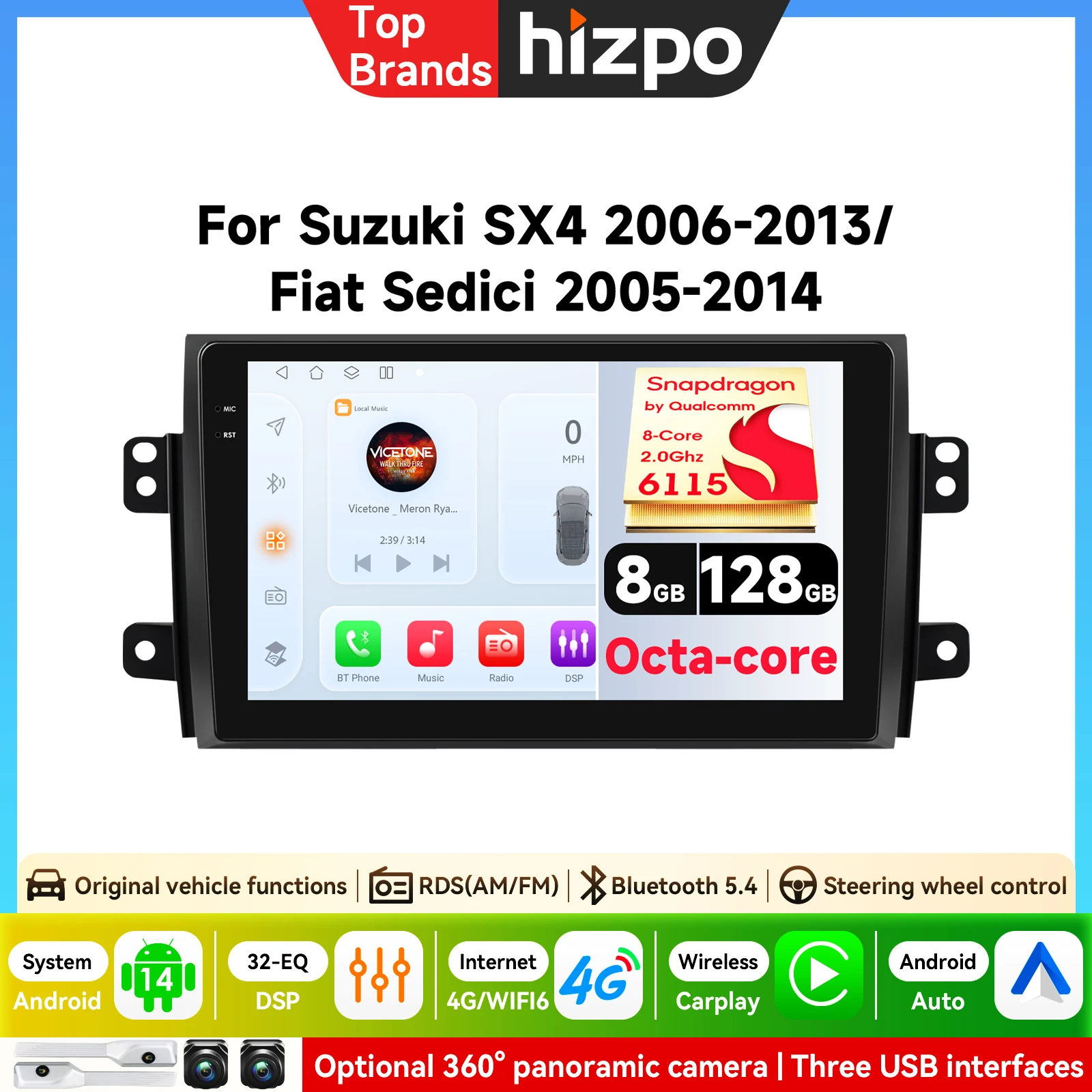 Radio samochodowe z ekranem AI, Android, 4G+WIFI, Carplay do Suzuki SX4 2006-2013, do Fiat Sedici 2005-2014, multimedialny system GPS 2din Autoradio
