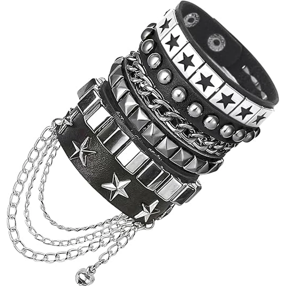 Brazalete de cuero Pu negro, pulseras estilo escena Grunge de Metal Pop, accesorios Dark Academia Rave, regalo para patinador Biker Man