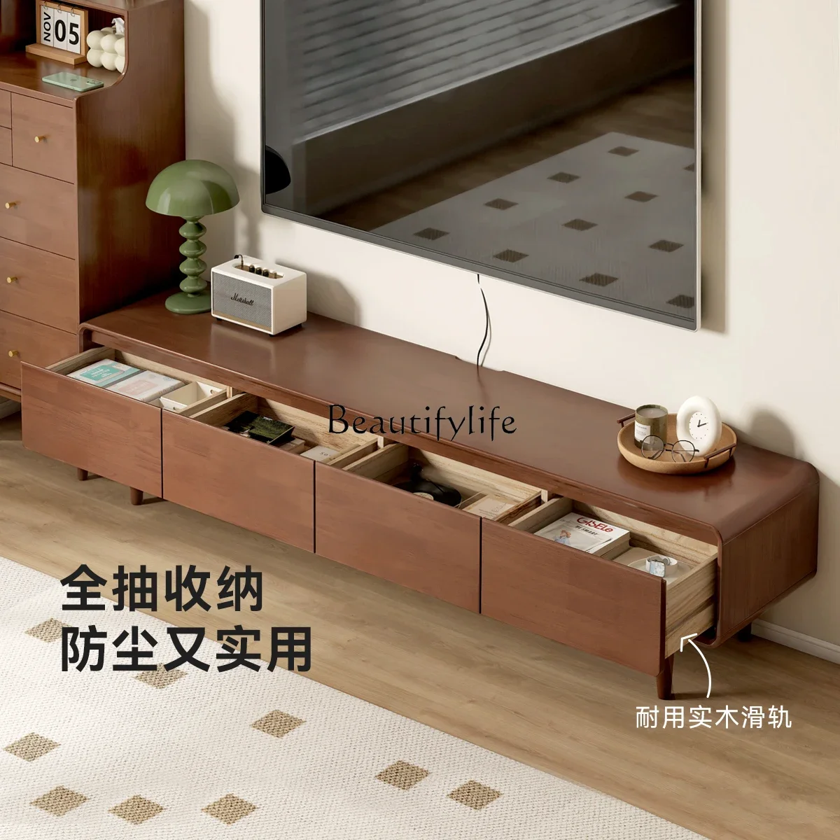 

yj5Solid Wood TV Cabinet Modern Living Room Walnut Color Storage Household American Log Floor Cabinet