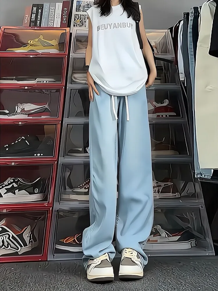 Calças Jeans Unissex Azul Claro Estilo Vintage de Seda Gelada, Finas para Verão, Estilo Americano, com Caimento Solto e Elega...