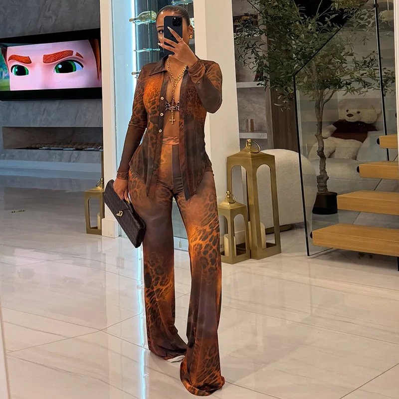 Doyerl Leopard Print Festivals Outfit Women Two Piece Set Club Party Mesh Sheer Long Sleeve Shirt Top+ Flare Pants Matching Sets