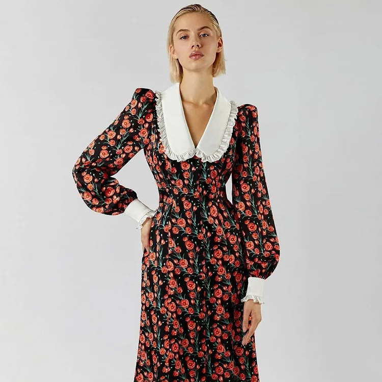 2024 Early Spring Temperament Design Sense Printed Doll Neck Wrapped Waist Slim New Long Sleeve Dress