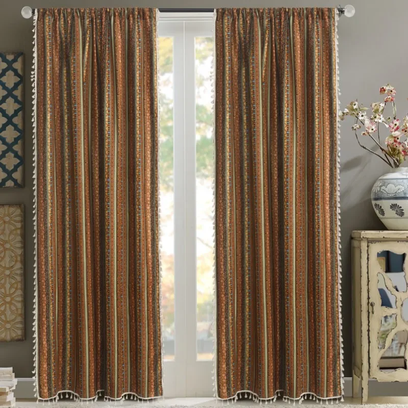 

N1078 style curtain finished products wholesale cotton and linen bronzing striped tassel bed and breakfast floating curtains