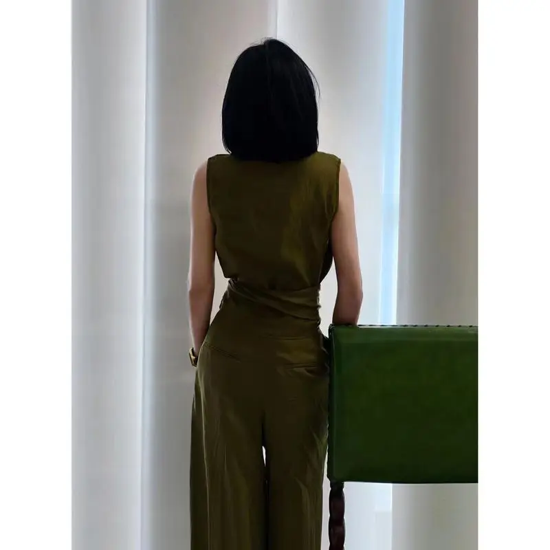 2024 Summer Design Sense Fashion Set New Chinese Style Chinese Style Pan Button  Green Vest Wide Leg Pants Two Piece Set