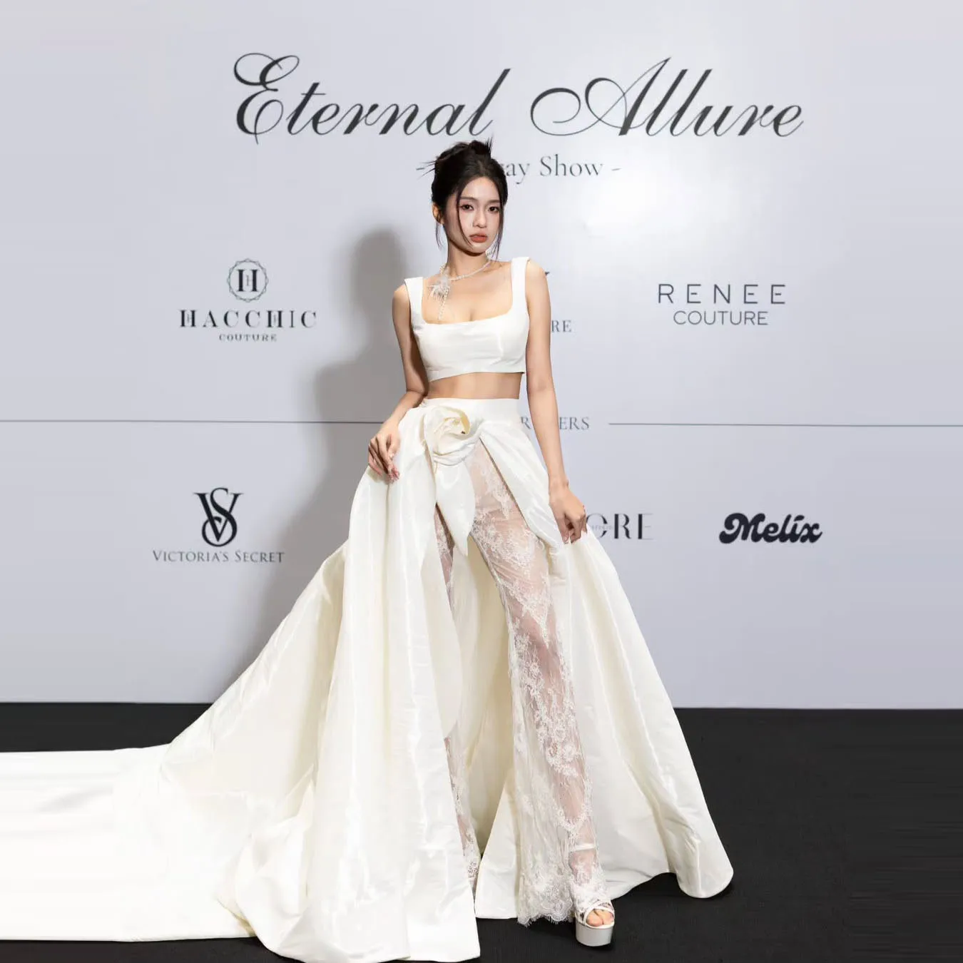 

White Overlay Skirt in Satin with Lace Overlay for Formal Occasions and Bridal Events, Perfect for Runway Shows and Special