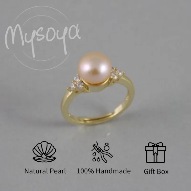 

MYSOYA Pink Freshwater Pearl Adjustable Ring CZ Stone Ring With Gift Box Perfect Wedding Rings And Birthday Jewelry Gift
