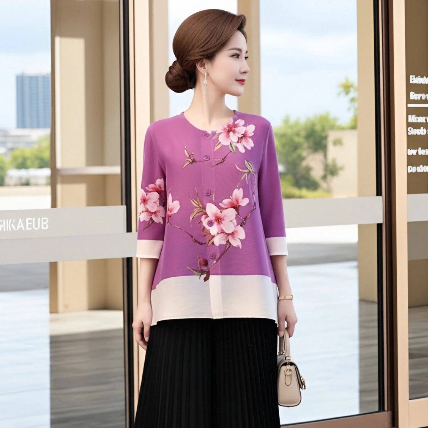 

Miyake Pleated T-shirt Women's 2026 New V-neck Single-breasted Mid-sleeve Retro Printed Loose Shirt Spring Top