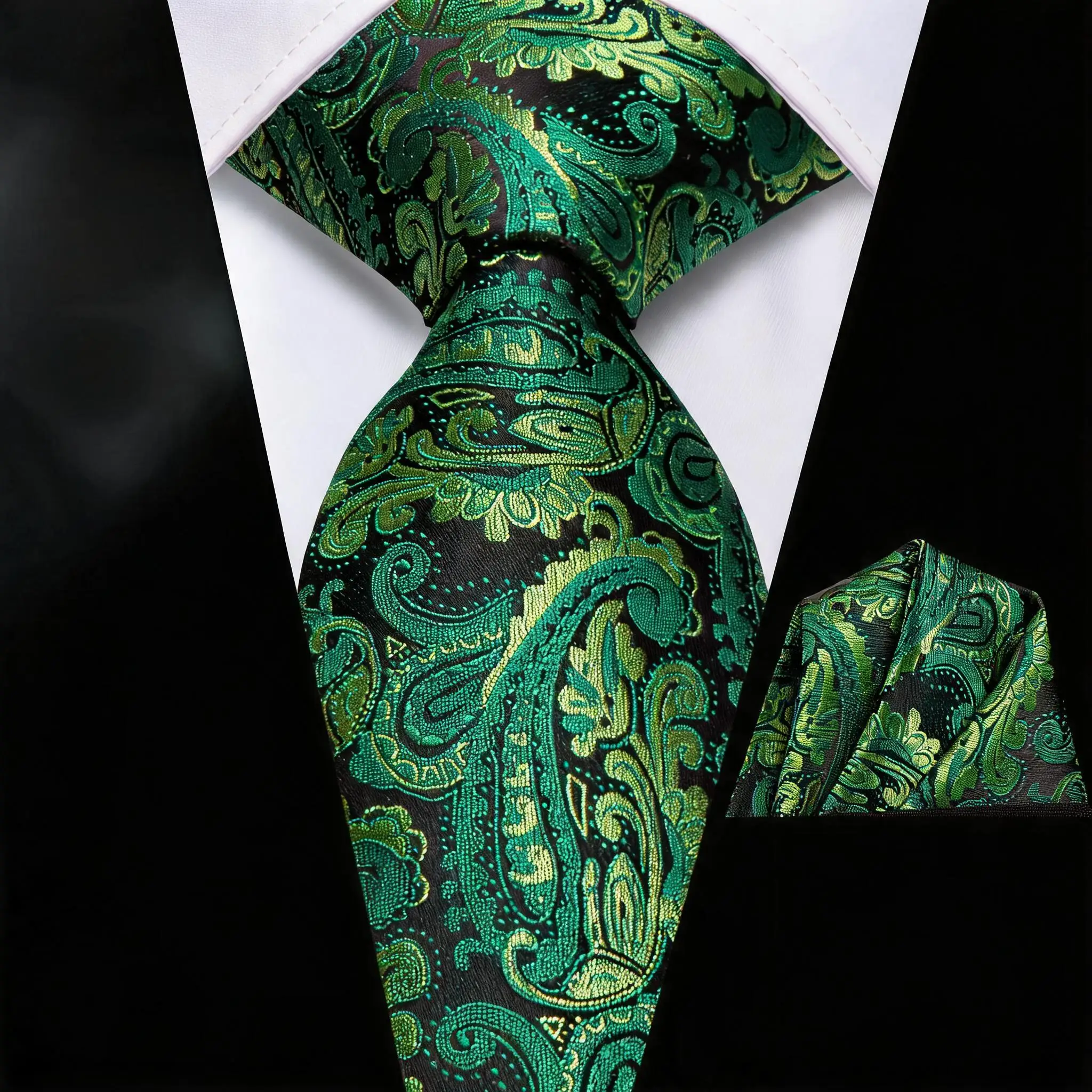 Men 2Pcs Formal Set Green Or Gold Or Pink Paisley Woven Necktie With Pocket Square For Party Banquet Daily Office
