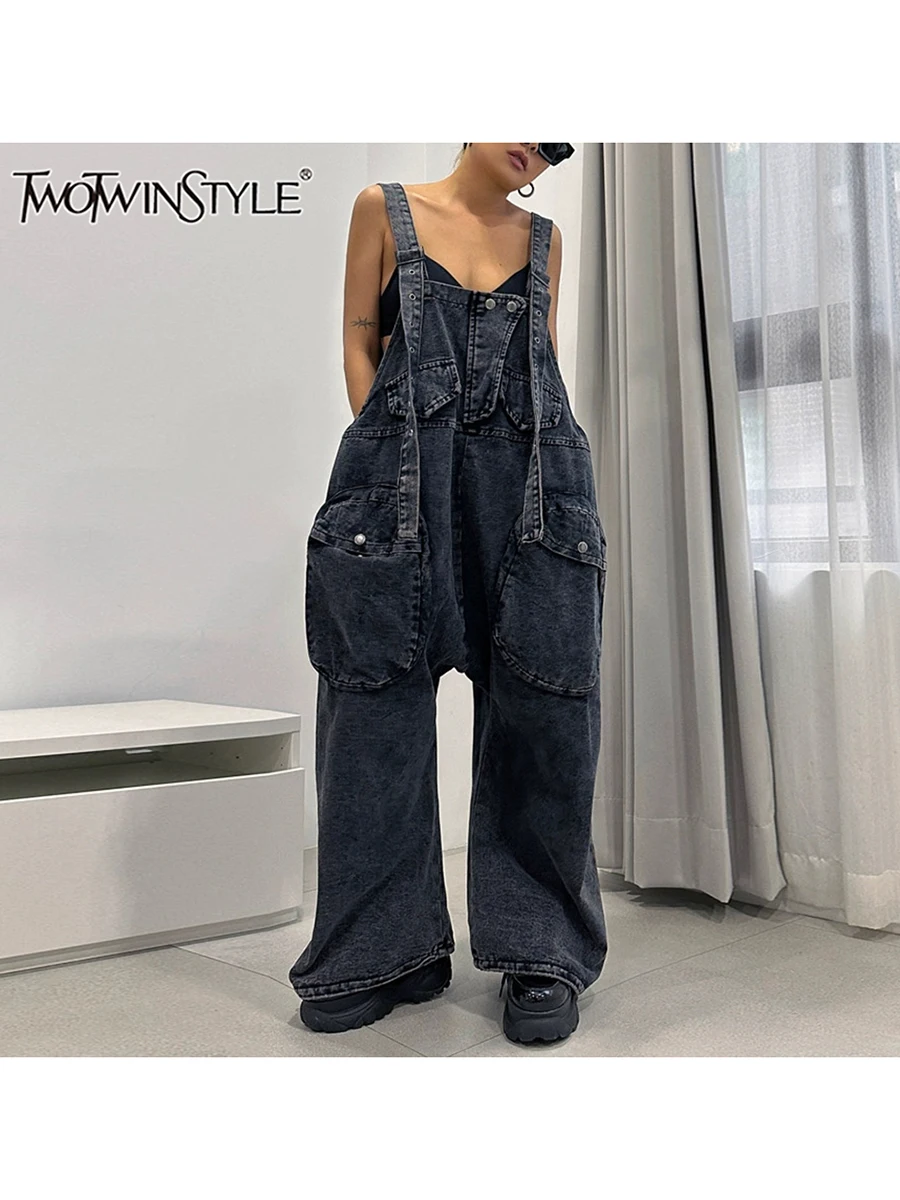 TWOTWINSTYLE Casual Denim Jumpsuit For Women Square Collar Sleeveless High Waist Patchwork Pockets Jumpsuits Female Fashion New