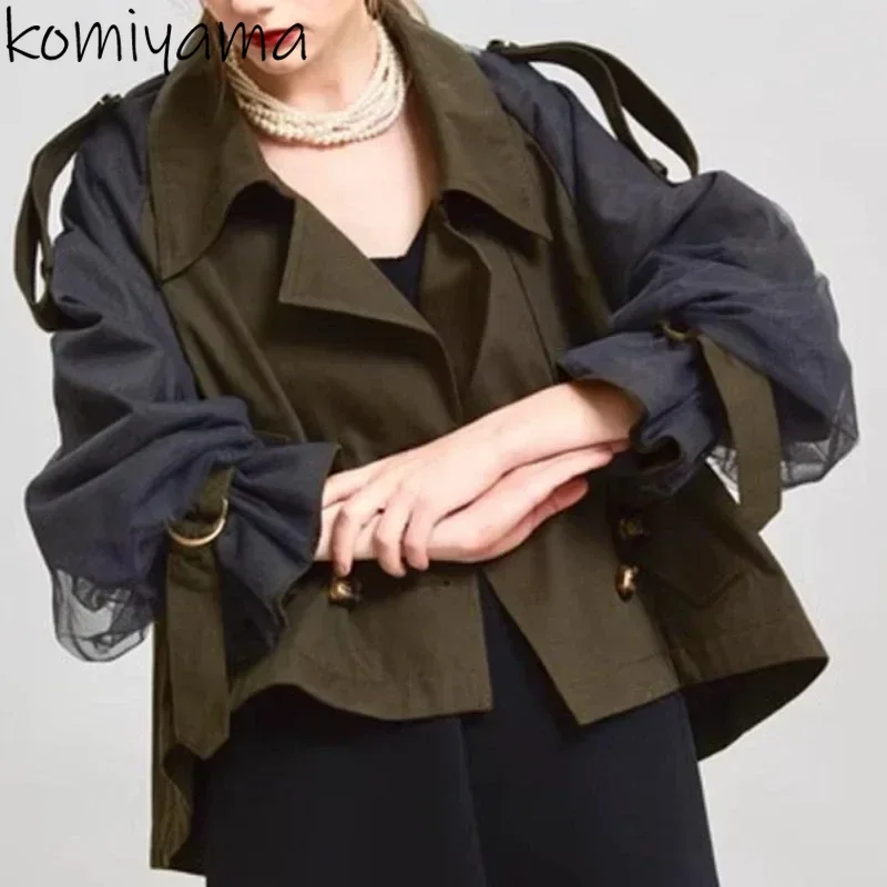 

Double Breasted Outerwears Mesh Sleeve Ropa Mujer Japan Trench Jacket Turn Down Collar Women Jackets Temperament Chaquetas