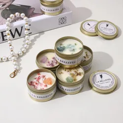 1PC Crystal Stone Aromatherapy Candle Plant Essential Oil Soybean Iron Can Candle Dry Flower