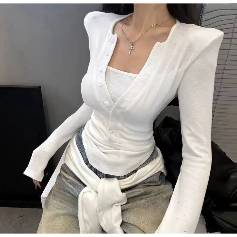 Slim Fit Long Sleeve T-Shirt V-Neck Button up Base Layer Top Spring 2026 New Style Fake Two-Piece Casual Women's Fashion