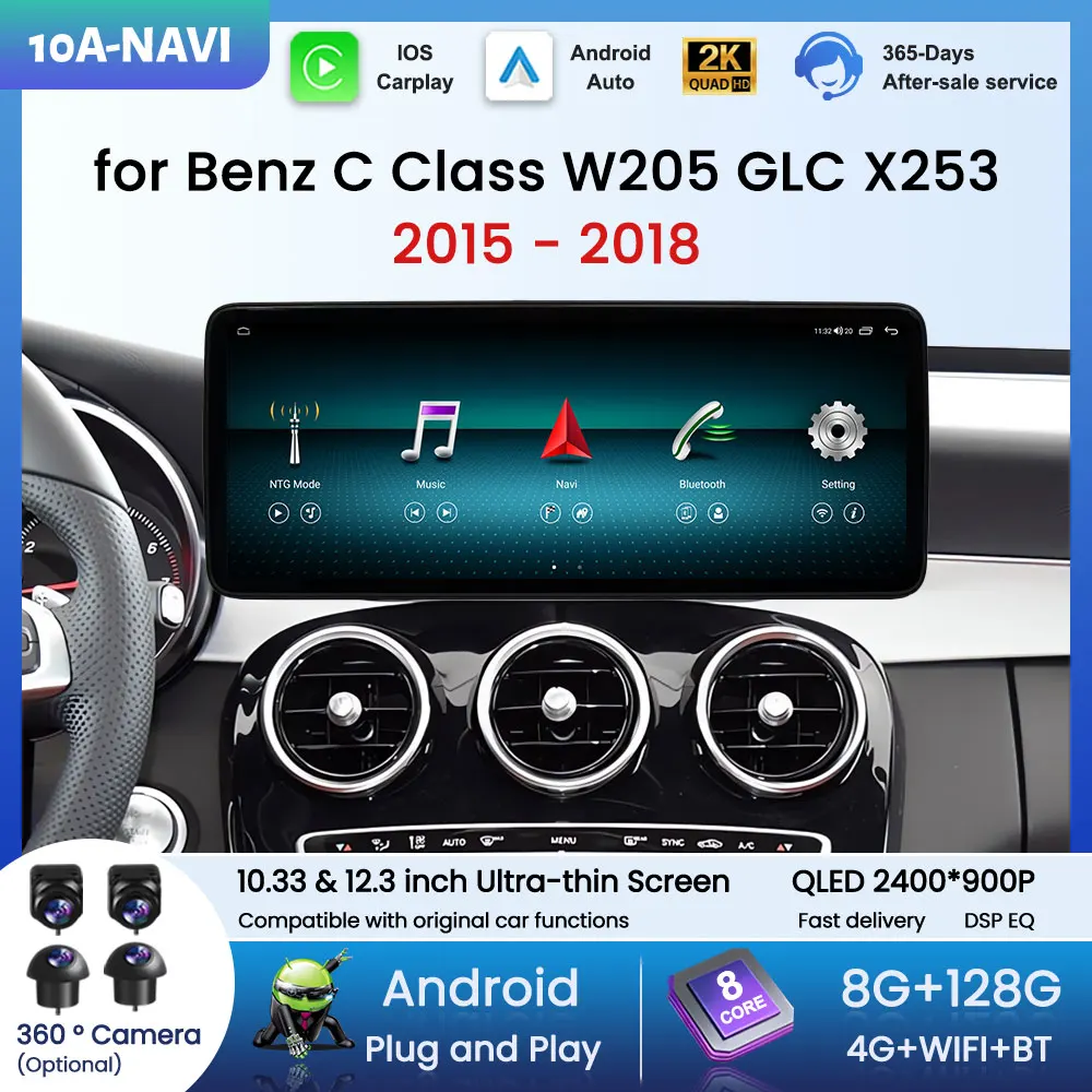 Für Benz C-Klasse W205 GLC 2015 - 2018 Kabelloses Carplay 4G Auto-Video-Multimedia-Player QLED-Bildschirm GPS-Navigation Android 16 Bluetooth