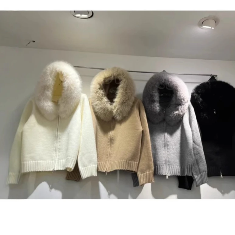 Mingmingxi Winter Female Sweater Hoodie Cardigan Fluffy Zipper Patchwork Long Sleeve Ribbed Solid Knit jacket Coat