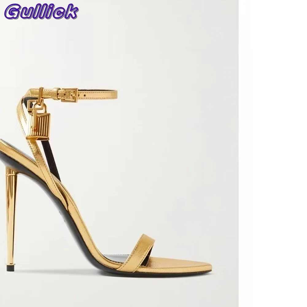 Sexy Golden Lock Sandals Open Toe Stiletto High Heel Metal Decor Slingback Buckle Strap One Strap Women Summer New Arrival