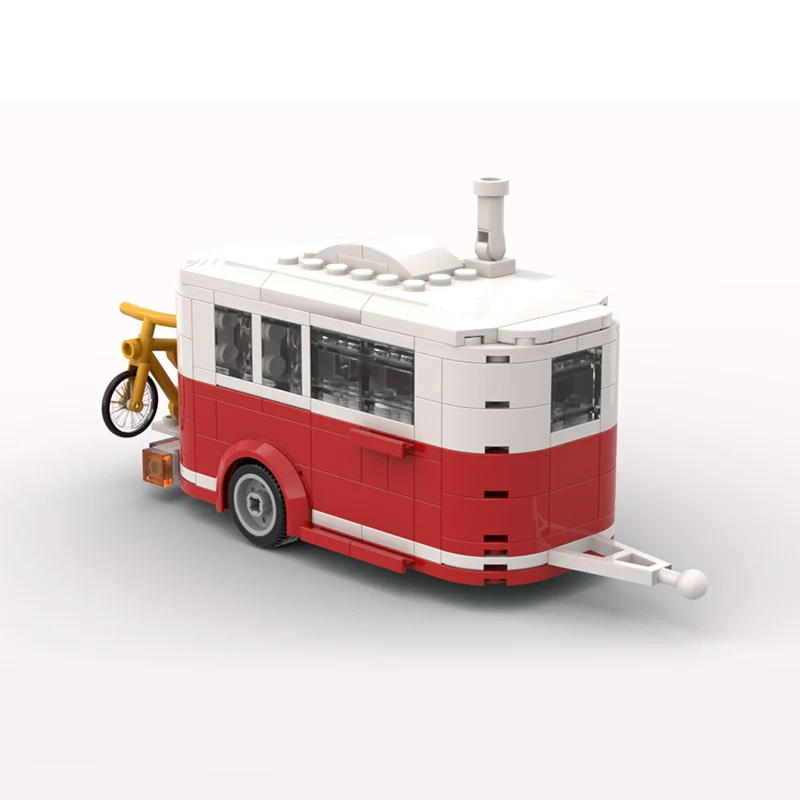 

City Car Model MOC Building Bricks Red-White Vintage Travel Trailer Modular Technology Children Holiday Gifts Assemble Toys Suit