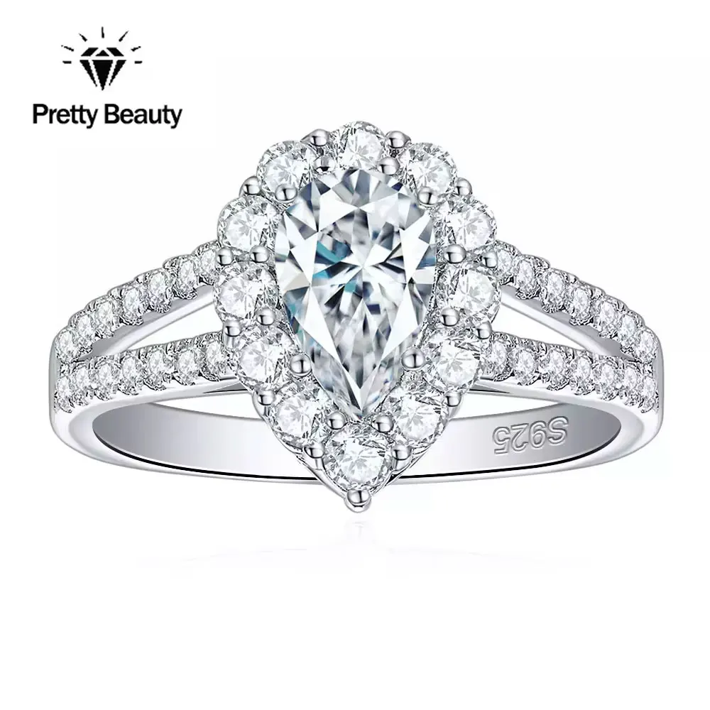 

Pretty Beauty 1ct Pear Cut Moissanite Engagement Ring 925 Sterling Silver for Women Party Halo Diamond Wedding Band Fine Jewelry