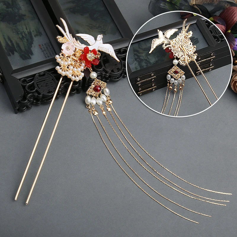 Newly 2021 New Hanfu Hairpin Daily Wear Pearl Decor Step Shake Flower Shape Long Tassel Hair Accessories