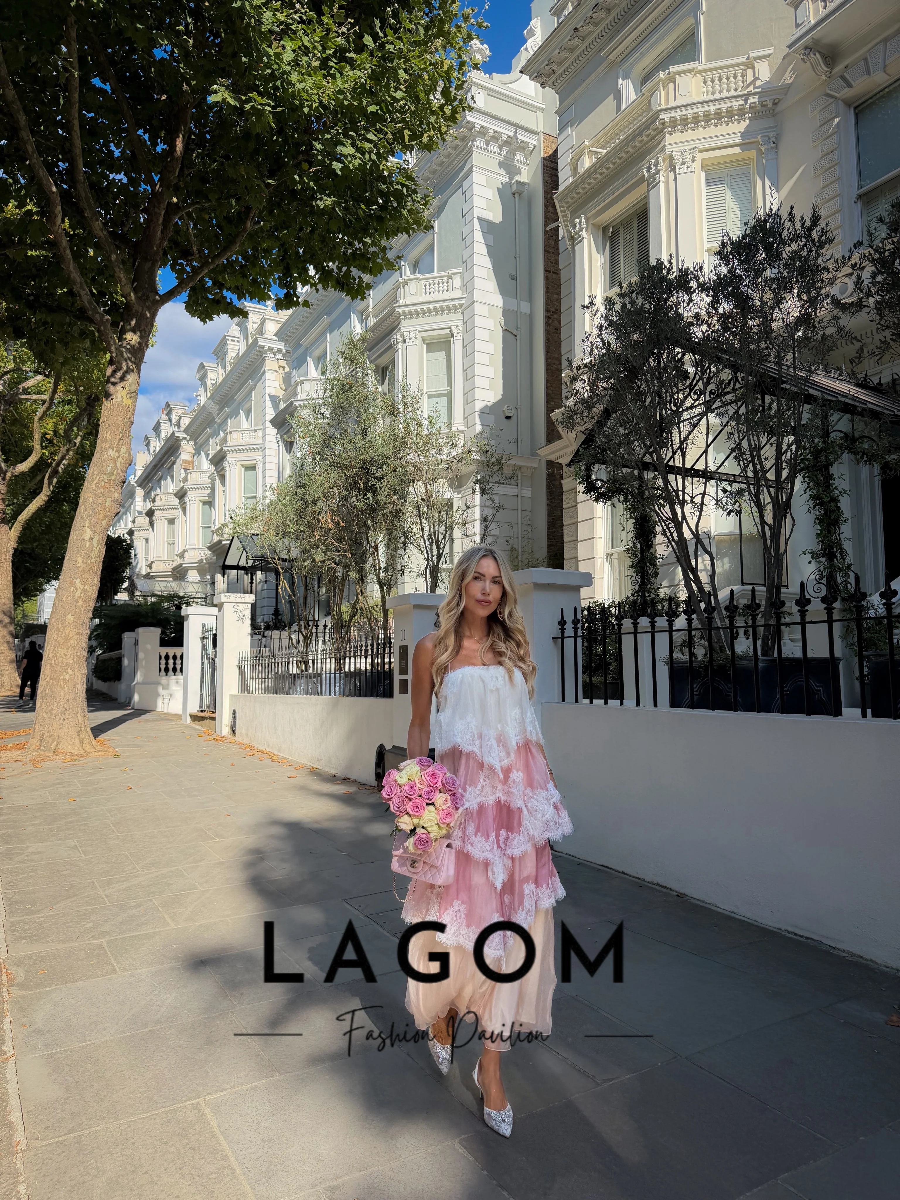 Lagom Exquisite Pink White Gradient Spaghetti Strap Lace Tiered Cake Dress Garden Party Vacation Dress Ankle-Length Customized
