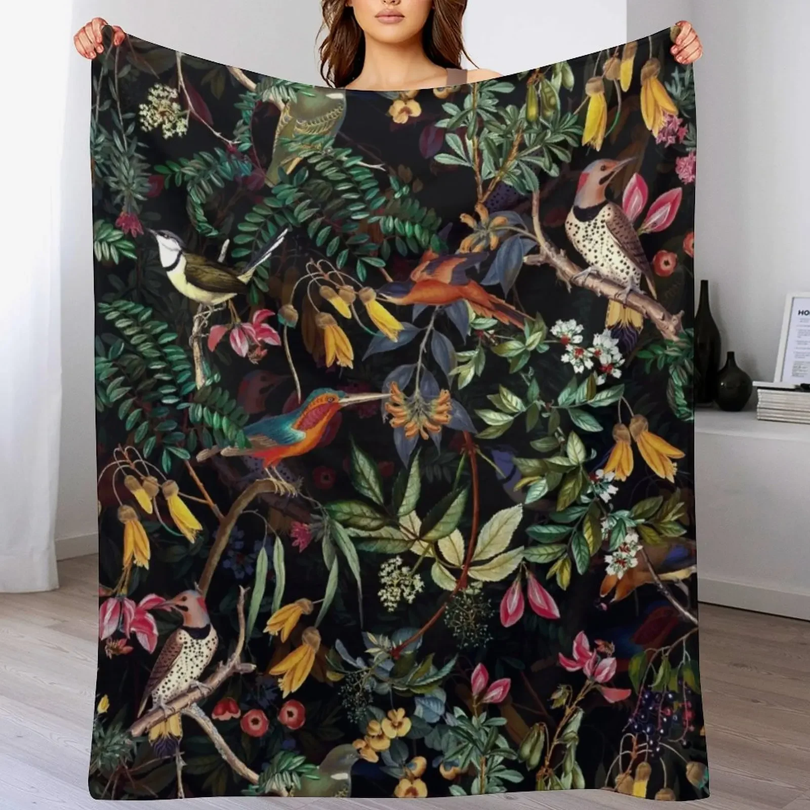 

Vintage tropical sing birds and fruits pattern black Throw Blanket Soft Beds for babies Softest Flannel Blankets