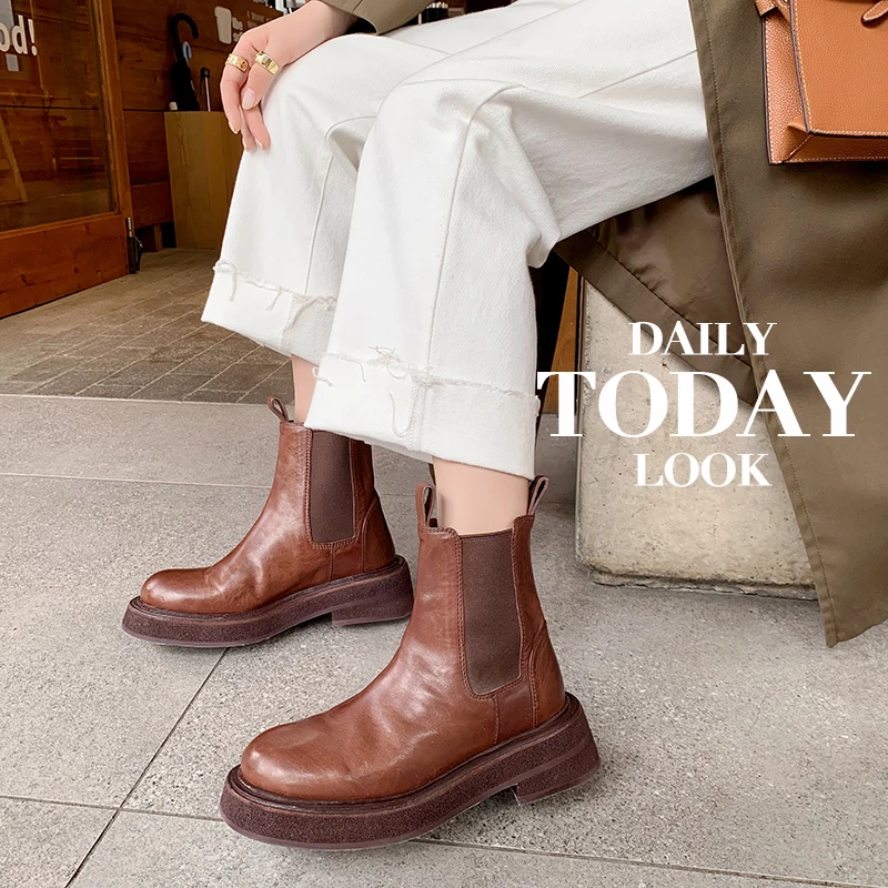 2023 new Autumn winter women ankle boots natural leather 22-25cm cowhide+pigskin Chelsea Boots Chimney boots platform boots