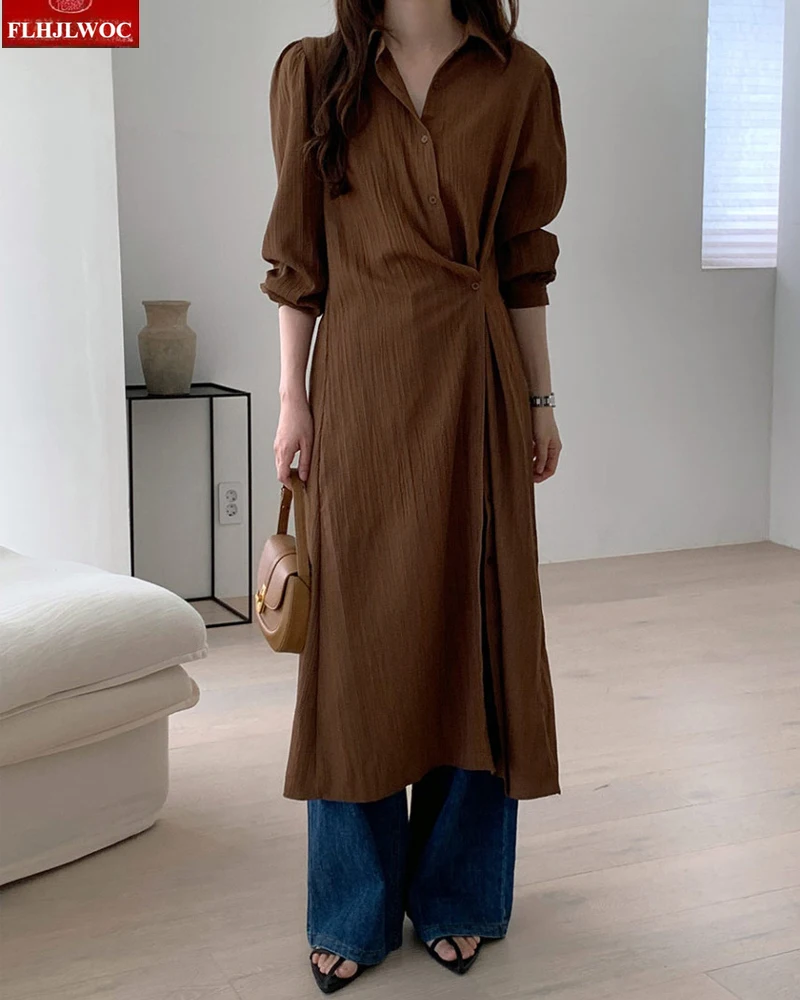 ゆったりとしたローブドレス、シックな韓国風、フェミニンなワンピース、女性用長袖カジュアルレトロヴィンテージ、ラップアップボタンシャツドレス