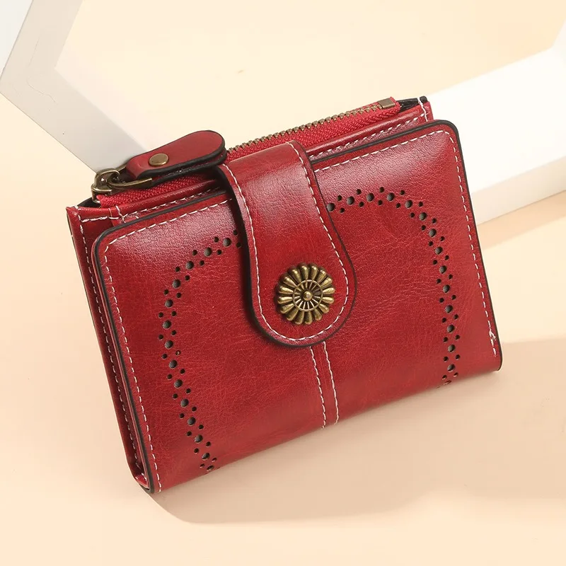 Women Vintage Wallets Greased Leather Flower Ladies Zipper Coin Purse Female Small Clutch Money Bag Credit Card Holder Wallet