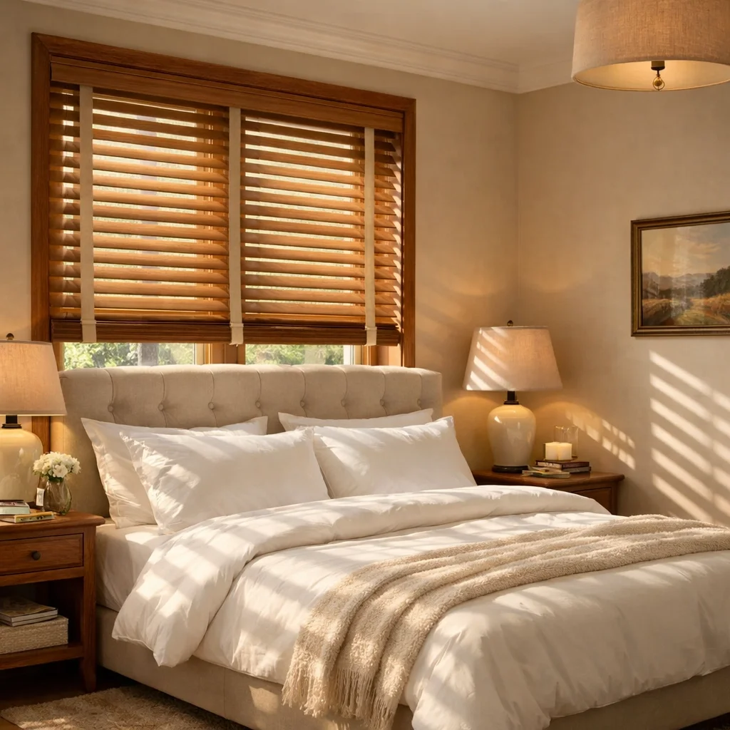 Real Wood Blinds. Natural grain & warm tones. Adjust slats for perfect light & privacy. Timeless elegance for any room. Custom