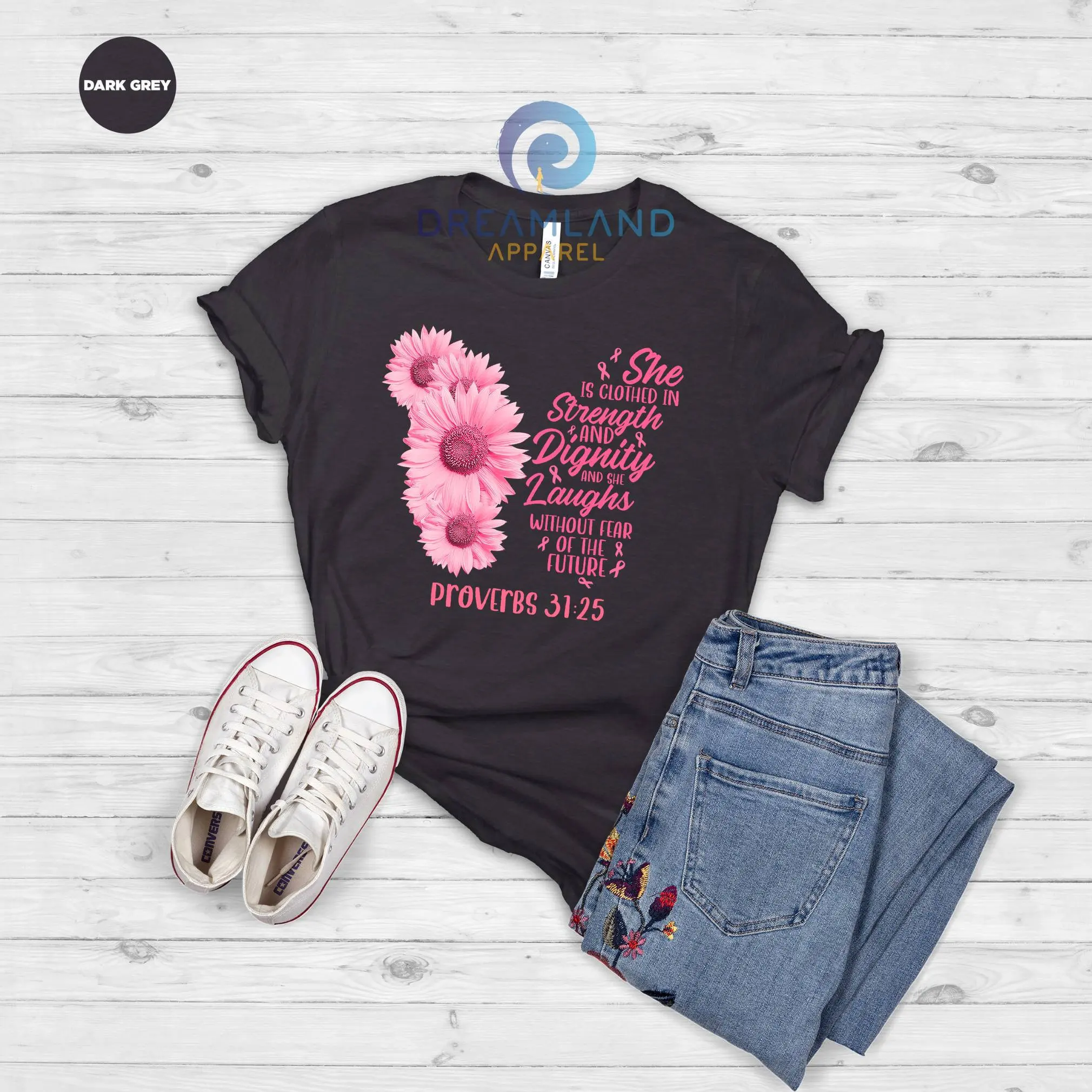 She Is Clothed In Strength And Dignity T shirt Cancer SweaT Christian Bible Floral Awareness Women Power