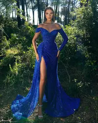 Vestido de festa sem alças até o chão, azul royal, brilhos, estiramento, lantejoulas, sem encosto, dividir, manga comprida, noite