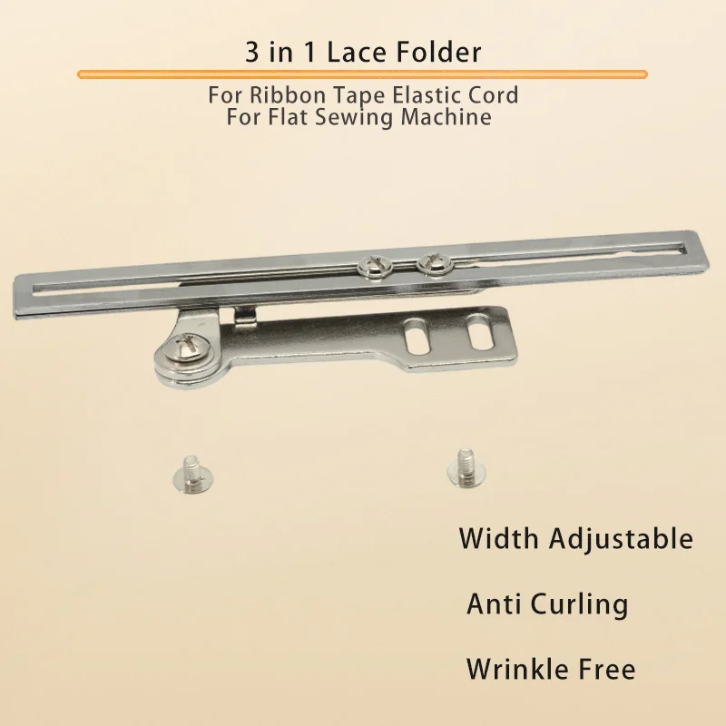 Multifunctional 3 in 1 Lace Folder Attachment for Flatbed Sewing Binding Tool for Ribbon Tape Elastic Cord and Piping