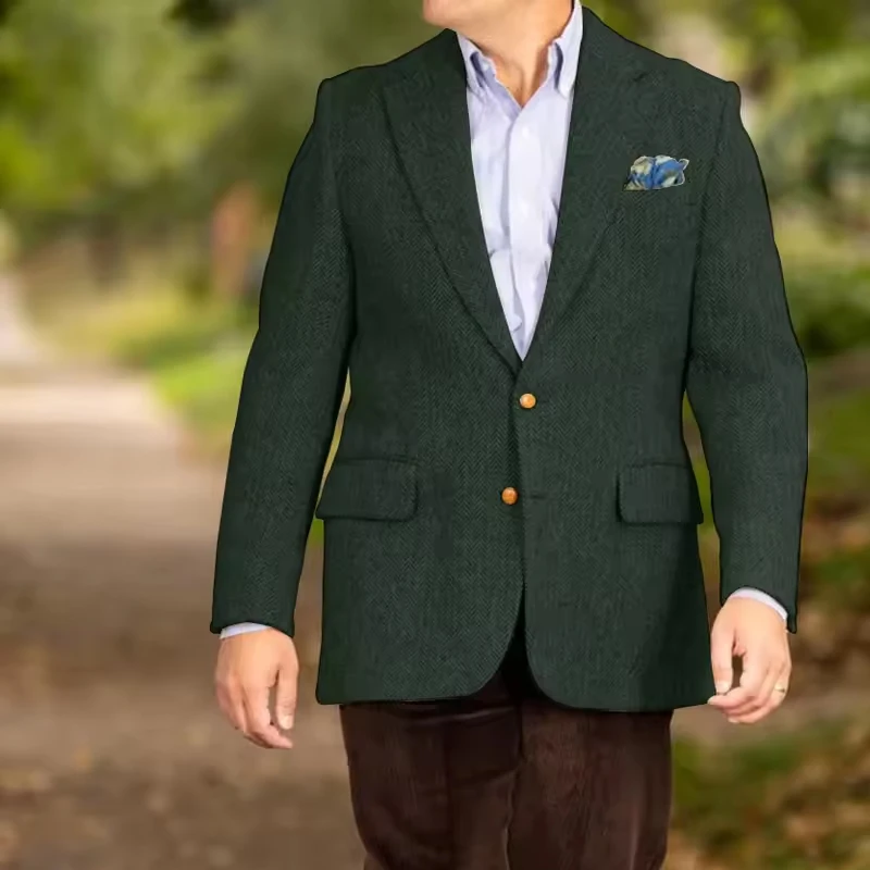 Chaquetas de traje para hombre, chaquetas de alta calidad para hombre, dos botones, bolsillos con solapa, tela en espiga, abrigo Social informal para hombre, nuevo