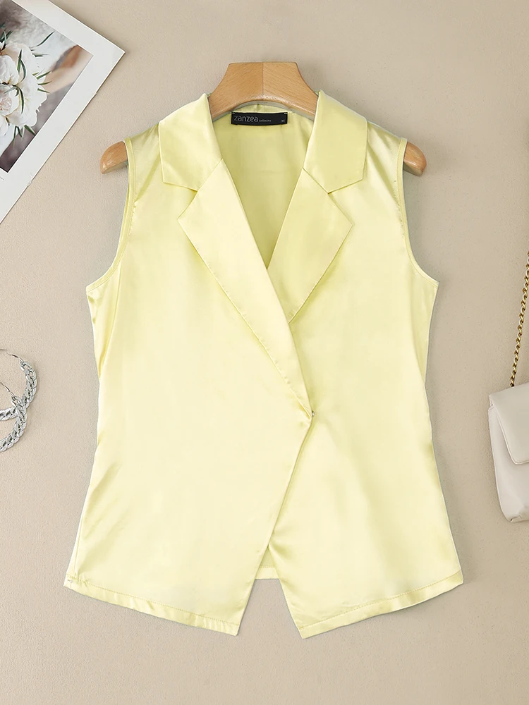 

Женские модные атласные легкие жилеты, формальные топы без рукавов с зубчатыми лацканами и пуговицами ZANZEA, элегантная офисная одежда, сплошной цвет